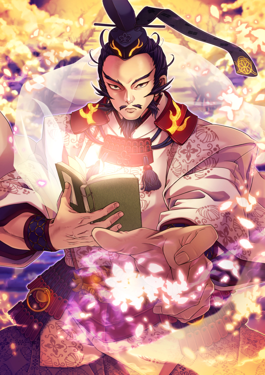 1boy, abiko_yuuji, beard, black_hair, black_hat, blurry, blurry_background, book