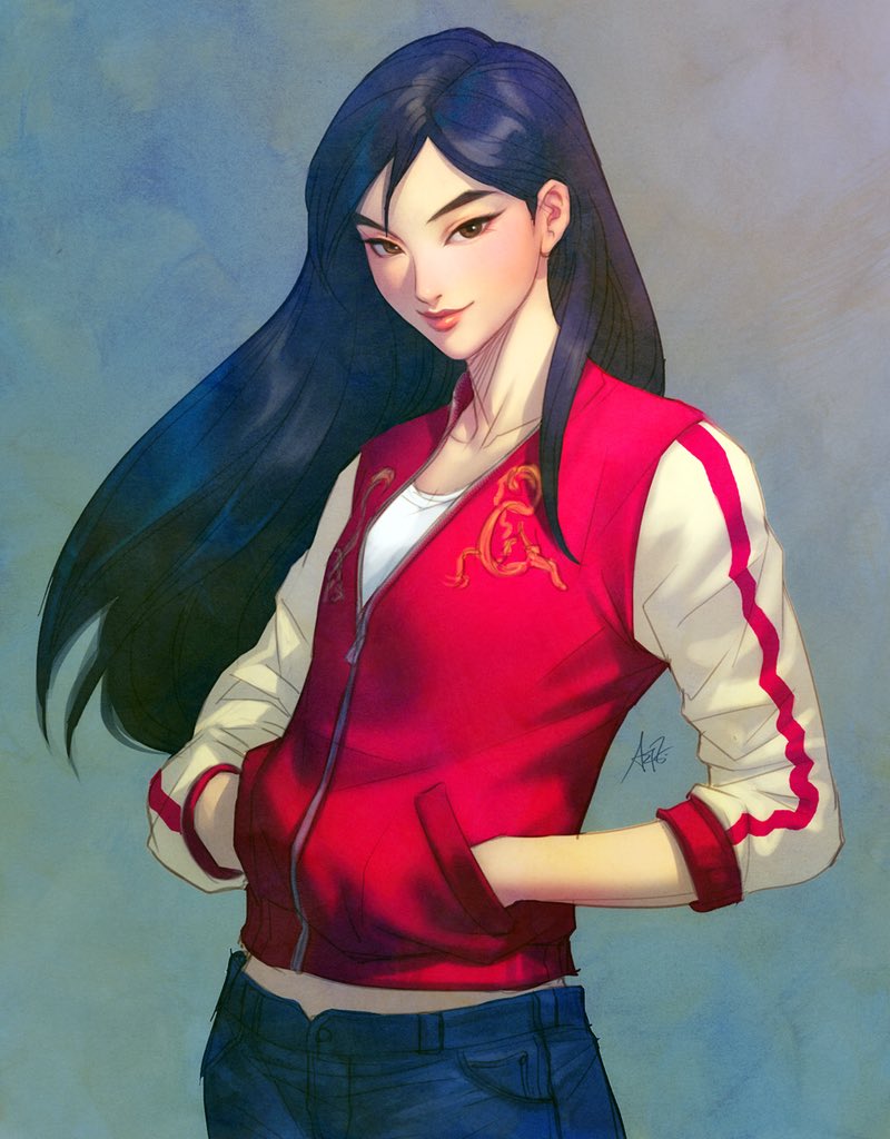 1girl, asian, black_hair, blue_background, blue_pants, brown_eyes, closed_mouth, collarbone