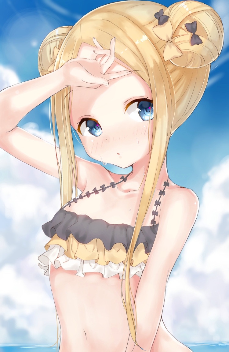1girl, :o, abigail_williams_(fate/grand_order), arm_up, bangs, bare_arms, bare_shoulders, bikini