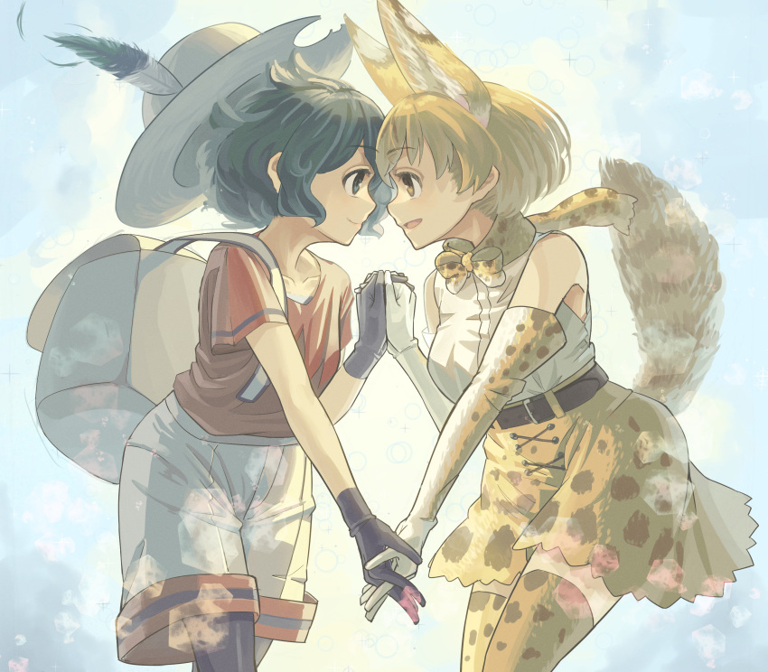 2girls, absurdres, animal_ears, backpack, bag, black_eyes, black_hair, blonde_hair, blue_eyes, elbow_gloves, face-to-face, feathers, forehead-to-forehead, gloves, hand_holding, hat, highres, interlocked_fingers, kaban_(kemono_friends), kemono_friends, kemono_friends_zatsudan_e_sure_goudou-kai, looking_at_another, multiple_girls, neck_ribbon, pantyhose, ribbon, serval_(kemono_friends), serval_ears, serval_print, serval_tail, short_hair, skirt, sleeveless, smile, tail, wavy_hair, yellow_eyes, yuri