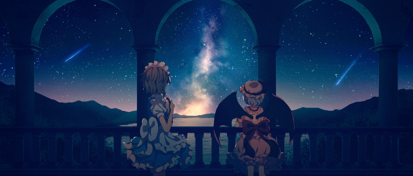 2girls, apron, back_cutout, bat_wings, blue_dress, bow, braid, commentary_request
