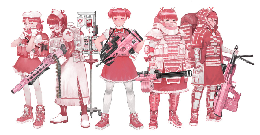 1girl, 5girls, absurdres, ammunition_belt, armored_boots, assault_rifle, backpack, bag, bangs, blood, blood_bag, blunt_bangs, bomb_suit, boots, bow, bowtie, bulletproof_vest, bullpup, catheter, commentary_request, elbow_pads, explosive, facepaint, fn_f2000, frilled_skirt, frills, gepard_gm6_lynx, gloves, grenade, gun, hair_over_eyes, hair_ribbon, hands_on_hips, hat, highres, hood, hood_up, long_skirt, looking_at_viewer, looking_to_the_side, machine_gun, mg42, military, multiple_girls, nurse_cap, original, pantyhose, phone, pink, ponytail, pouch, puffy_short_sleeves, puffy_sleeves, randoseru, red_cross, red_eyes, redhead, ribbon, rifle, shoes, short_sleeves, skirt, smile, sneakers, standing, sticker, surgical_mask, tattoo, thigh-highs, twintails, weapon, whistle, white_background, white_gloves, white_legwear, yakitate_acguy