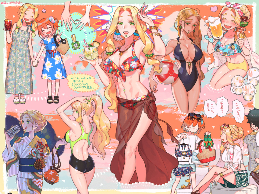 alcohol, beer, beer_can, beer_mug, bikini, black_hair, blonde_hair, can, chin_piercing, dress, drinking, fate/grand_order, fate_(series), fujimaru_ritsuka_(female), fujimaru_ritsuka_(male), green_eyes, green_nails, hand_holding, japanese_clothes, kimono, nail_polish, navel_piercing, orange_hair, piercing, quetzalcoatl_(fate/grand_order), sara_(kurome1127), sarong, skewer, sunglasses, swimsuit, thick_eyebrows, v, yukata