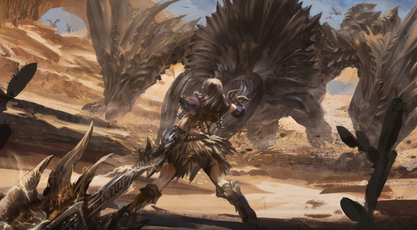 1girl, armor, armored_boots, attack, axe, black_diablos, boots, cactus