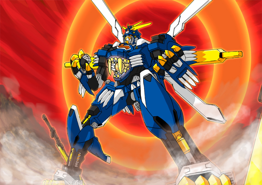aura, blade_liger, claws, crossover, fangs, fighting_stance, fusion, g_gundam, glowing, glowing_eyes, god_gundam, gundam, humanoid_robot, kevinayama, lion, mecha, mechanization, no_humans, open_mouth, roaring, solo, super_robot, sword, tagme, teeth, weapon, zoids, zoids_chaotic_century