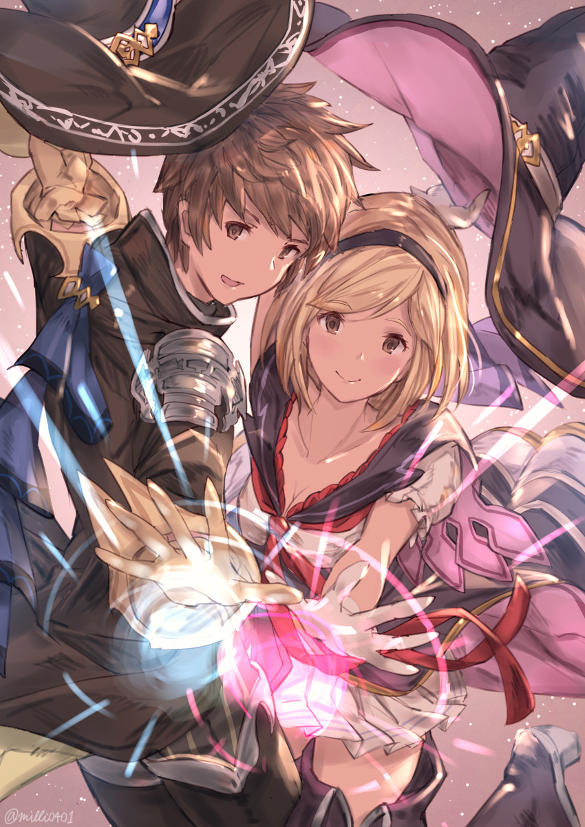 1boy, 1girl, absurdres, blonde_hair, boots, breasts, brown_hair, cleavage