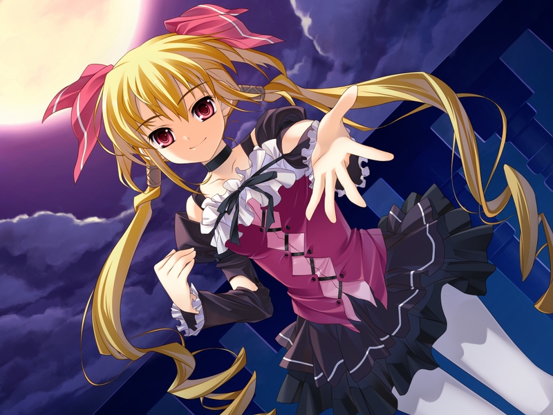 choker, detached_sleeves, dutch_angle, ellen_guydir, frills, game_cg, long_hair, moon, norita, pantyhose, red_eyes, twintails, utsurigi_nanakoi_tenkiame, white_legwear, white_pantyhose