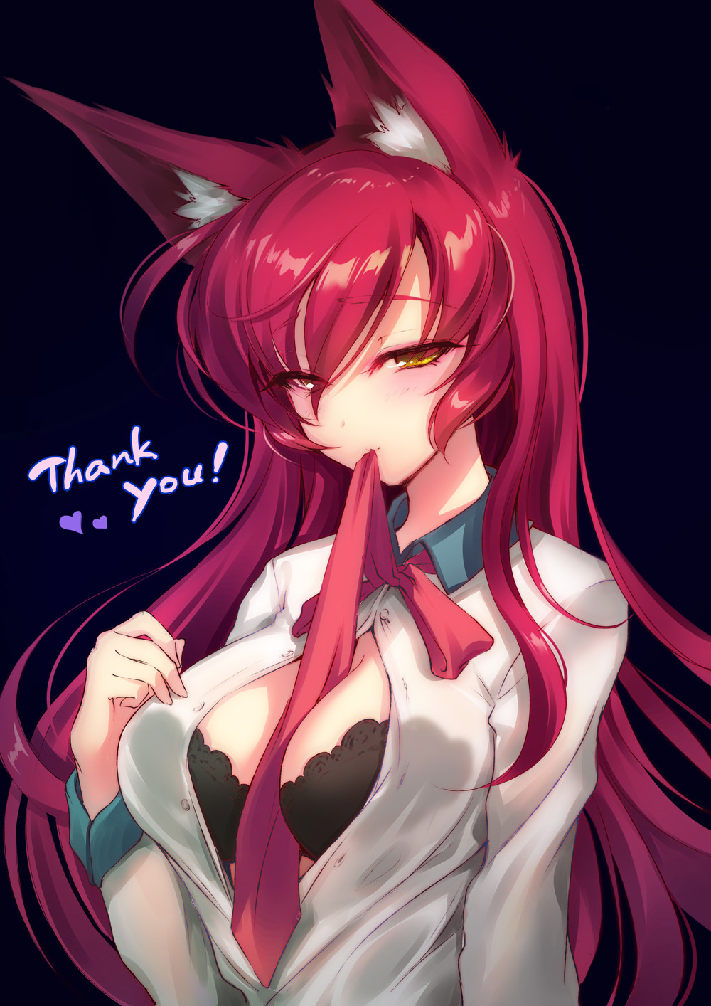 1girl, academy_ahri, ahri, animal_ears, between_breasts, black_bra, blush, bra