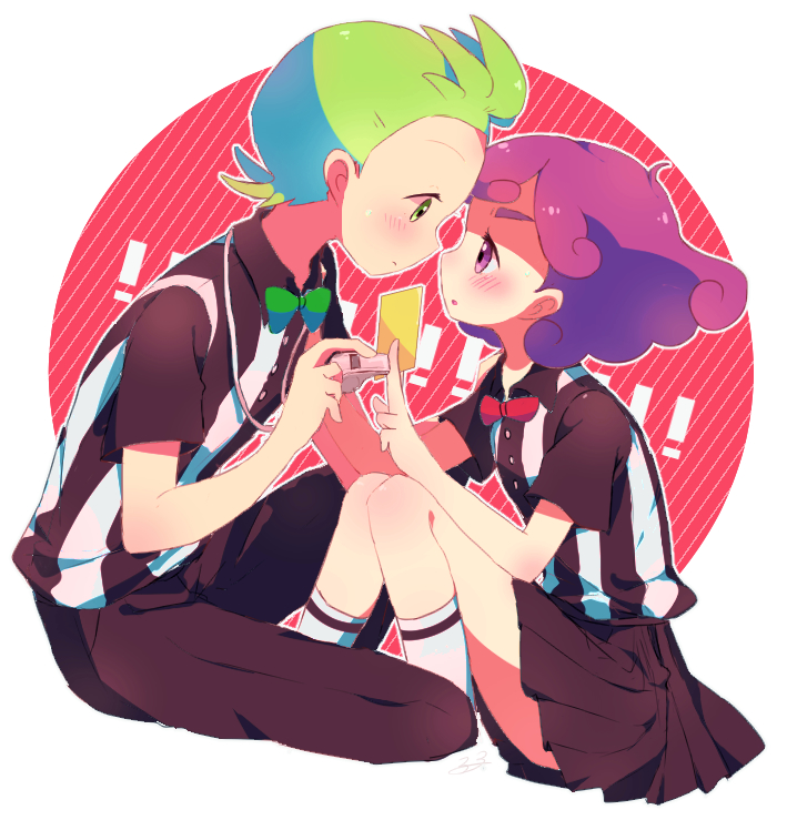 33lol, ahoge, black_pants, black_skirt, blush, bow, bowtie, cabernet_(pokemon)