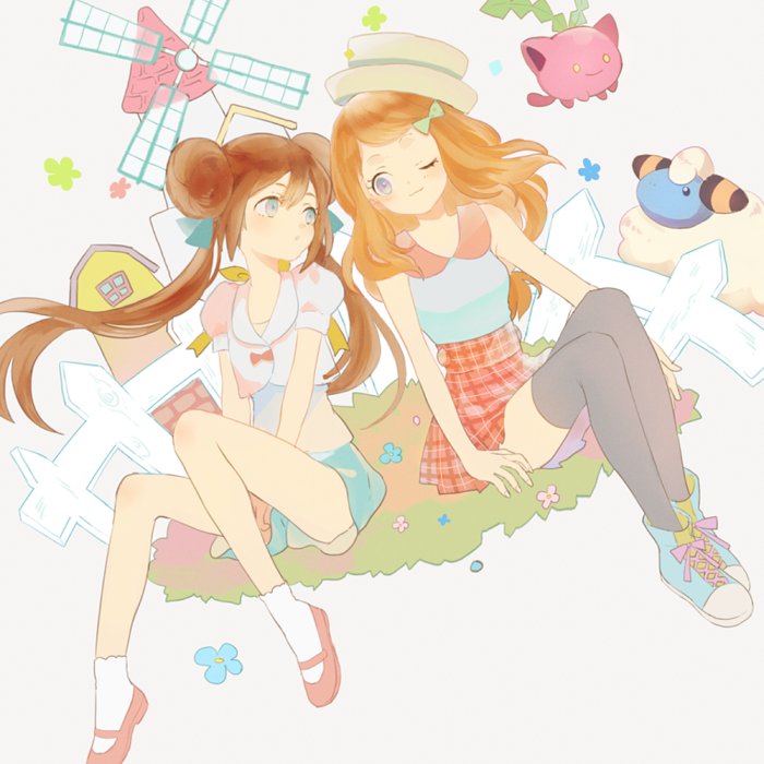2girls, 2others, arm_support, bangs, bare_shoulders, barn, black_legwear, blonde_hair