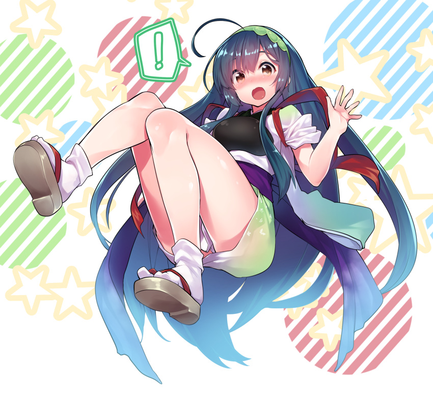 !, 1girl, :o, ahoge, bangs, blue_hair, blush, brown_eyes