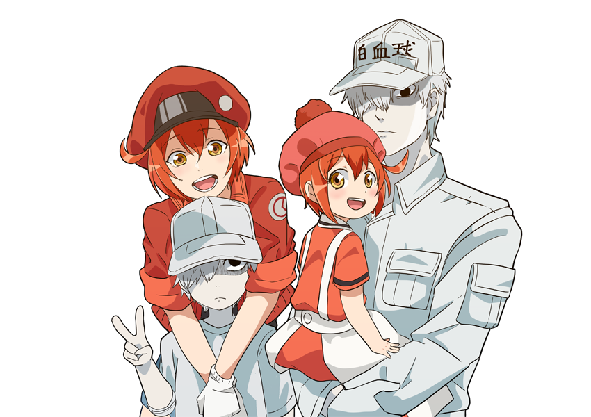 2boys, 2girls, ae-3803, ahoge, anime_coloring, baseball_cap, black_eyes, cabbie_hat