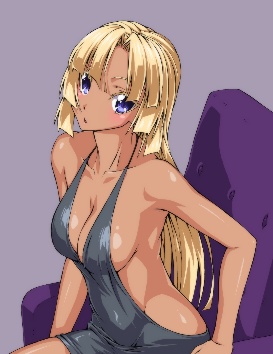 1girl, angela_carat, backless_dress, backless_outfit, bangs, bare_shoulders, black_dress, blush, breasts, chair, cleavage, dark_skin, dress, eyelashes, grey_background, head_tilt, highres, large_breasts, long_hair, looking_at_viewer, microdress, no_bra, open_mouth, ozaneko, sideboob, simple_background, sitting, sleeveless, sleeveless_dress, solo, tag_force, yu-gi-oh!, yuu-gi-ou_tag_force