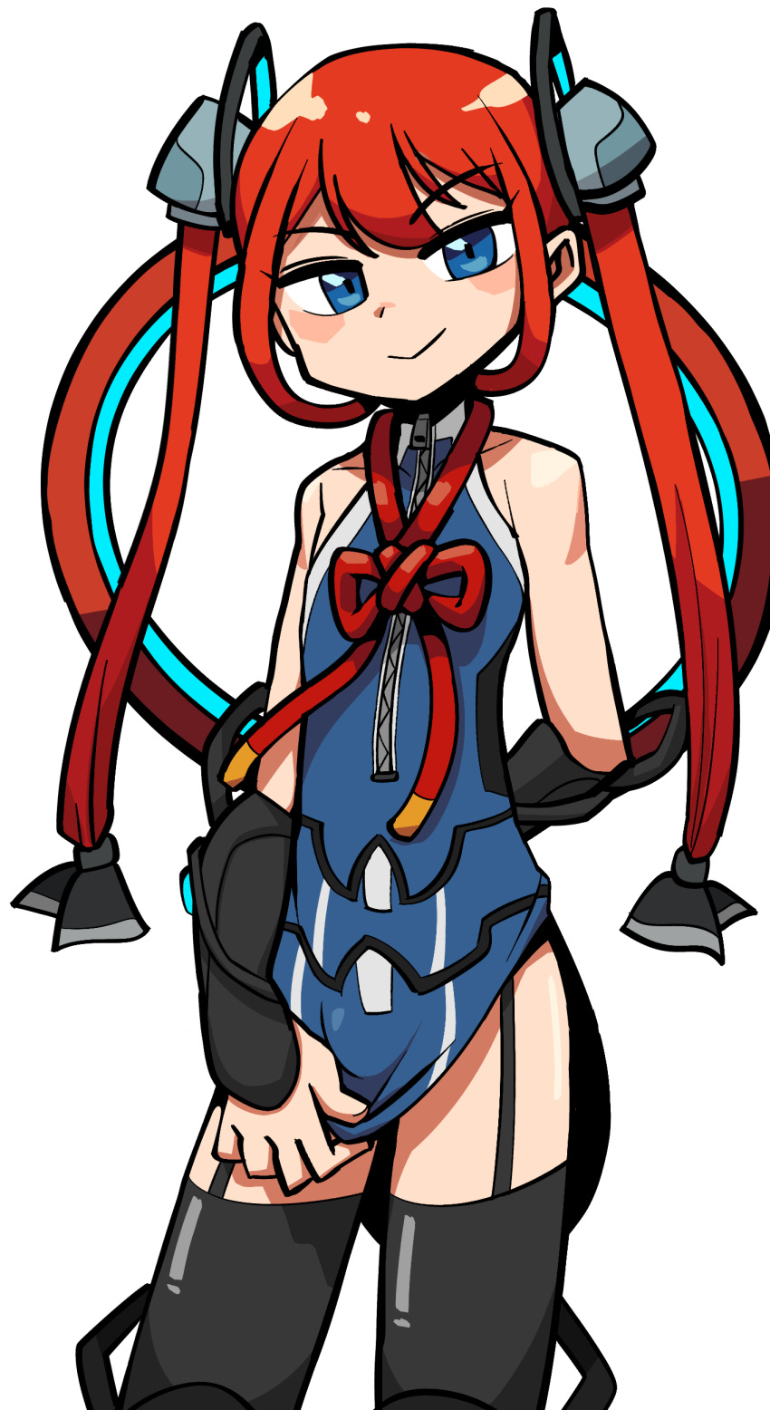 1boy, :>, absurdres, bangs, bare_shoulders, black_legwear, blue_dress, blue_eyes, bulge, closed_mouth, covered_collarbone, crossdressinging, dress, dress_pull, eyebrows_visible_through_hair, garter_straps, hair_ornament, highres, lkll, long_hair, looking_at_viewer, nezha_(warframe), pulled_by_self, redhead, simple_background, sleeveless, sleeveless_dress, smile, solo, thigh-highs, trap, twintails, warframe, white_background, zipper, zipper_pull_tab
