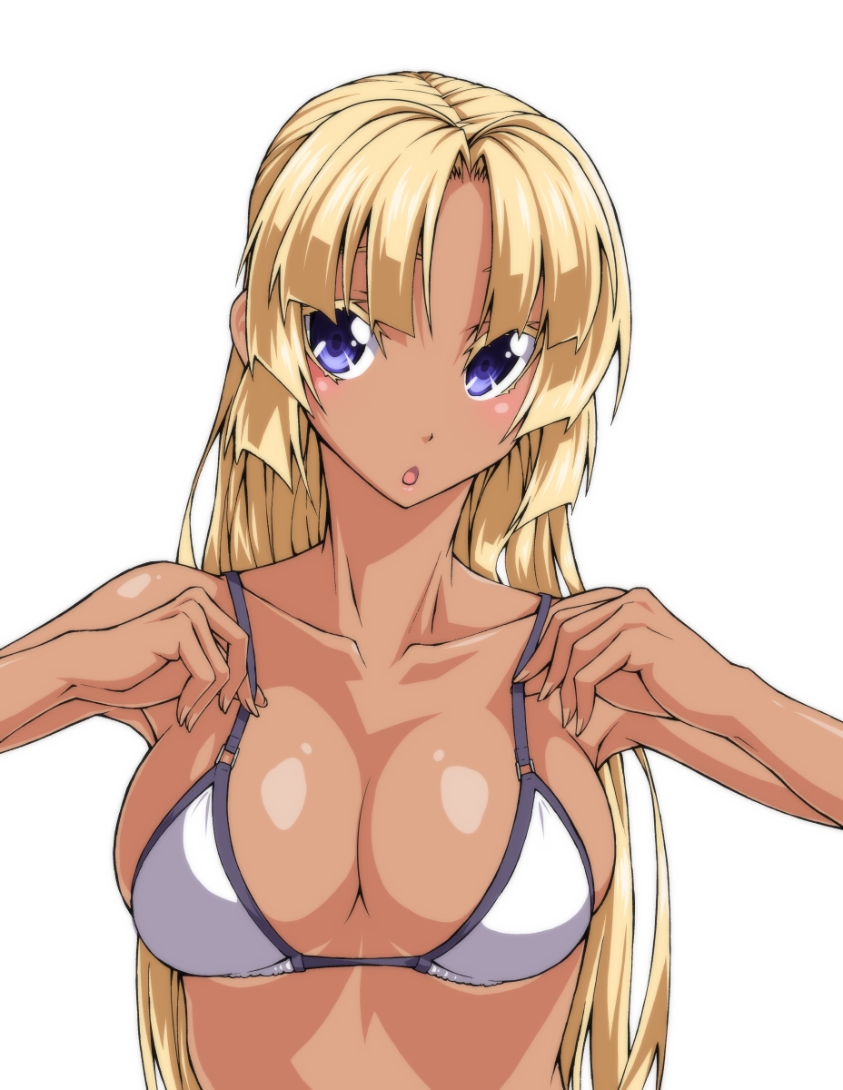 1girl, :o, adjusting_bra, adjusting_clothes, angela_carat, bangs, bikini, blonde_hair