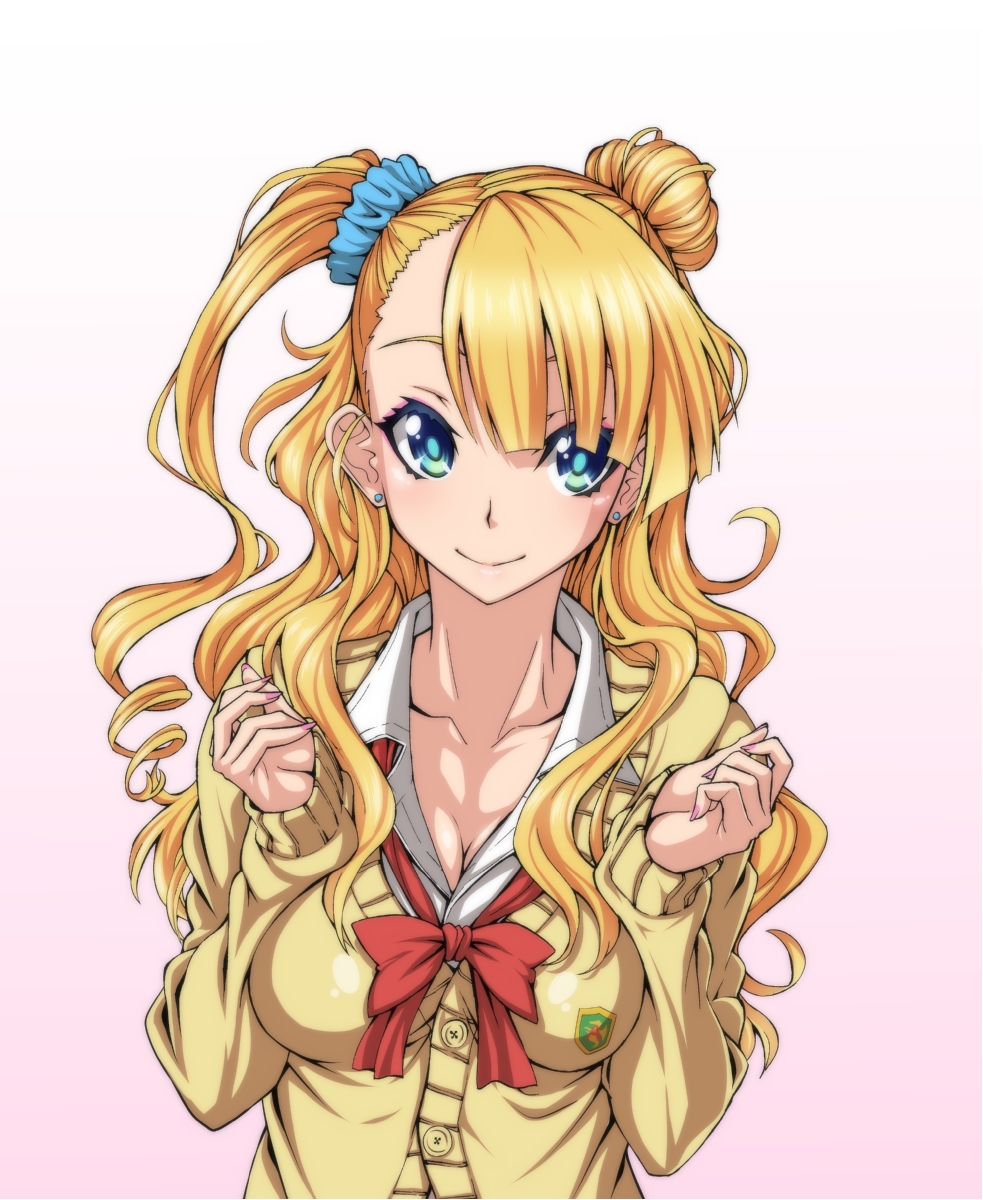 1girl, asymmetrical_bangs, asymmetrical_hair, bangs, blonde_hair, blue_eyes, blue_scrunchie, bow