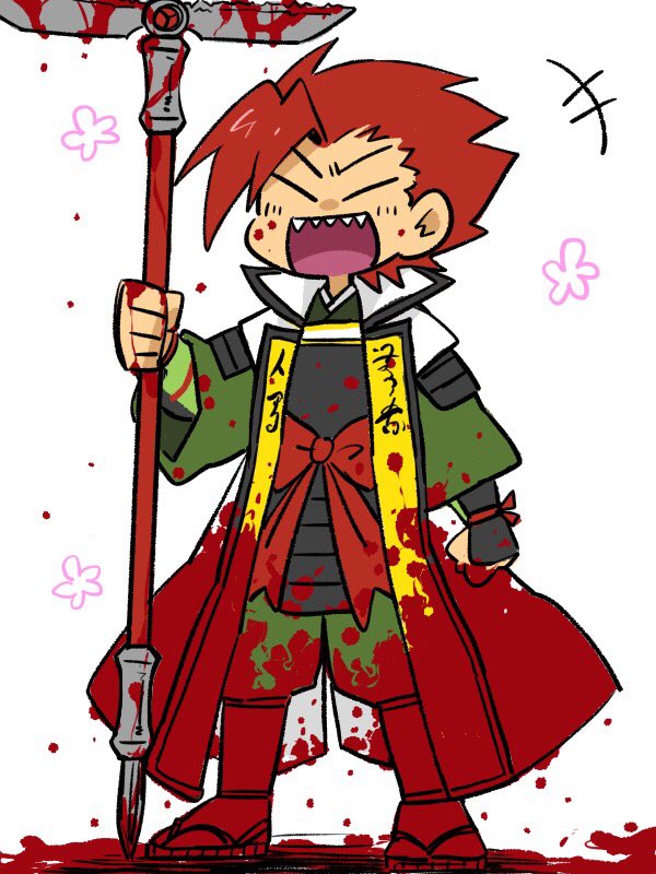 1boy, ^_^, blood, bloody_weapon, closed_eyes, closed_eyes, dany_(mizuta77), fate_(series), japanese_clothes, koha-ace, laughing, male_focus, mori_nagayoshi_(fate), open_mouth, sharp_teeth, simple_background, solo, spiky_hair, tabi, teeth, weapon, white_background
