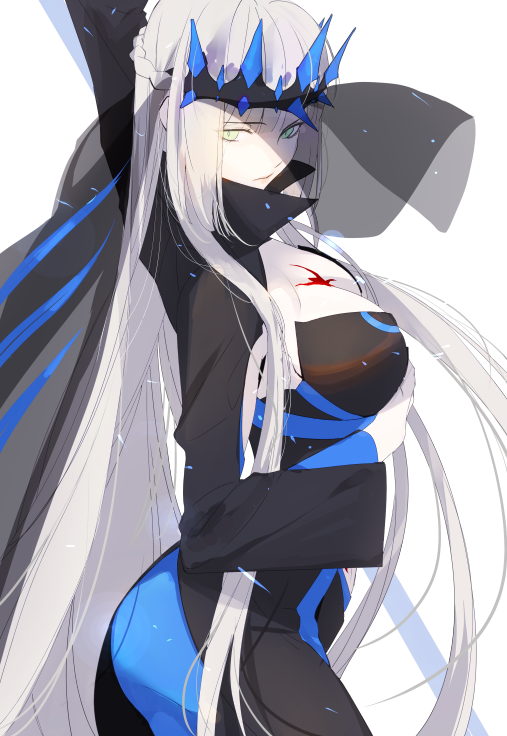 1girl, arm_up, bangs, black_dress, blunt_bangs, braid, breasts, cleavage, commentary_request, dress, eyebrows_visible_through_hair, fate/apocrypha, fate_(series), from_side, green_eyes, hand_on_own_chest, juer1004, large_breasts, long_hair, morgan_le_fay_(fate), sidelocks, simple_background, slit_pupils, solo, tiara, veil, very_long_hair, watermark, weibo_logo, weibo_username, white_background, white_hair, white_skin