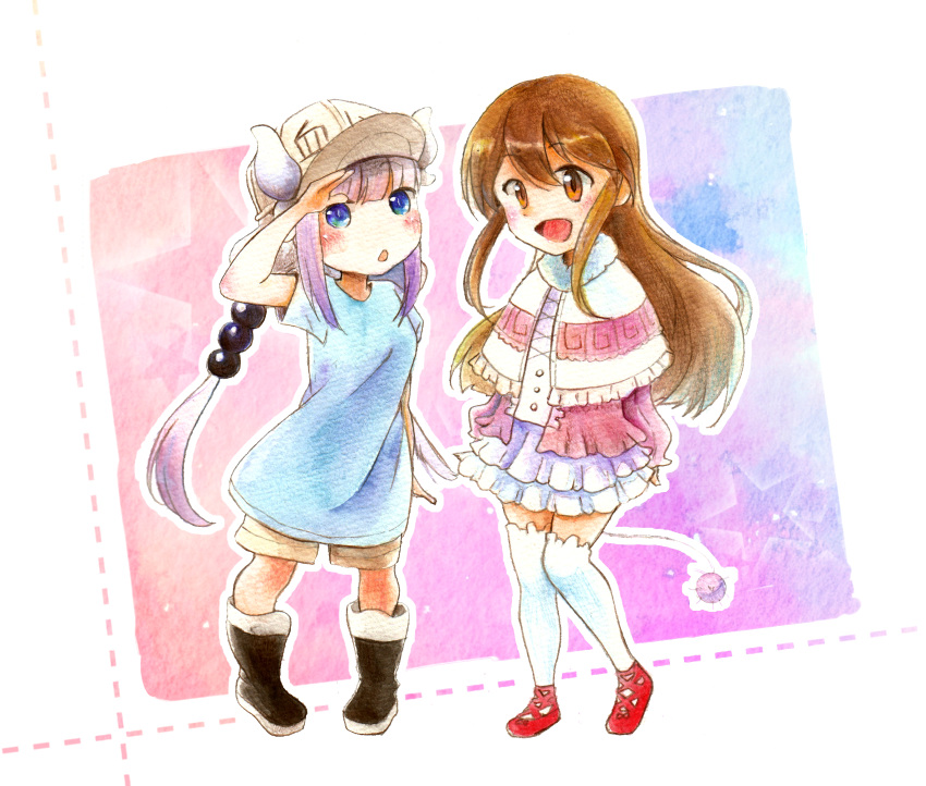 2girls, :d, baseball_cap, blue_eyes, blush, boots, brown_hair, chestnut_mouth, commentary_request, cosplay, costume_switch, eyebrows_visible_through_hair, full_body, fur_collar, hat, hataraku_saibou, highres, horns, kanna_kamui, kanna_kamui_(cosplay), kindergarten_uniform, kobayashi-san_chi_no_maidragon, long_hair, long_sleeves, multicolored_hair, multiple_girls, naganawa_maria, open_mouth, platelet_(hataraku_saibou), platelet_(hataraku_saibou)_(cosplay), pleated_skirt, purple_hair, seiyuu_connection, short_sleeves, shorts, skirt, smile, suiga, tail, thigh-highs, traditional_media, twintails, watercolor_(medium), watercolor_pencil_(medium), white_hair