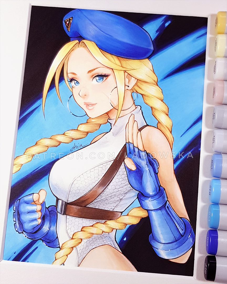 1girl, antenna_hair, beret, blonde_hair, blue_eyes, braid, cammy_white, clenched_hand