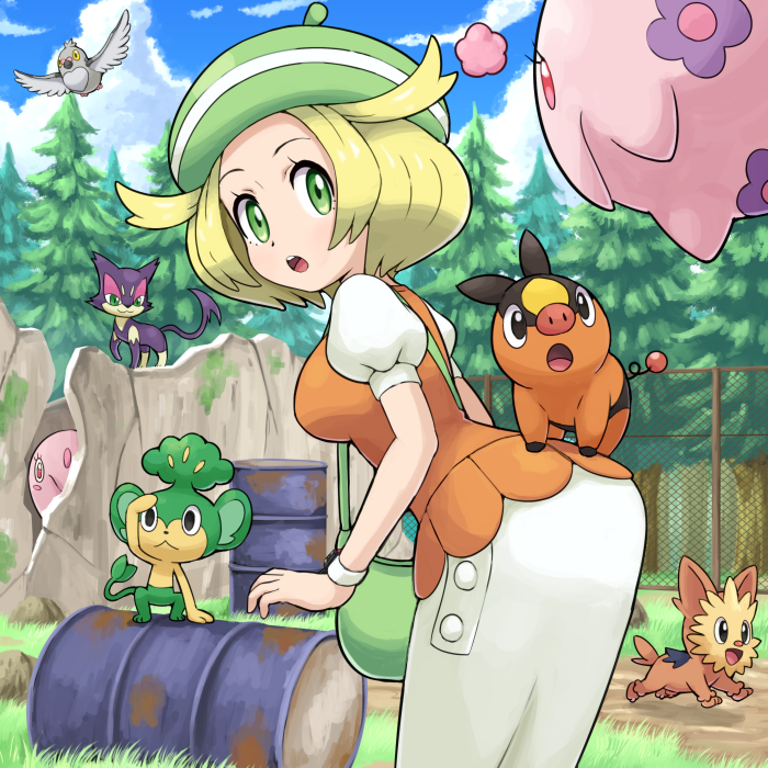 1girl, :d, :o, animal, animal_on_back, ass, bag, bel_(pokemon)