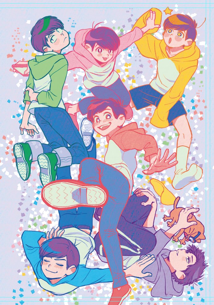 6+boys, ahoge, antenna_hair, arms_behind_head, bright_pupils, closed_eyes, denim, floating
