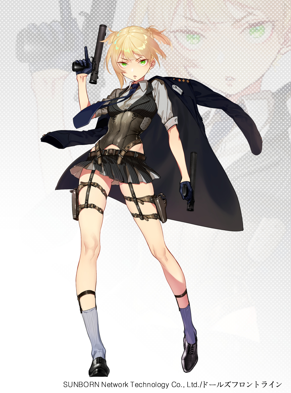 1girl, bangs, belt_buckle, black_footwear, black_jacket, black_skirt, black_vest, blonde_hair