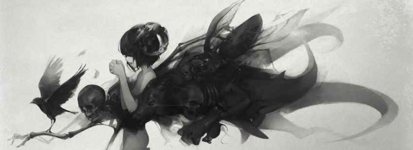 1girl, absurdres, bird, blindfold, bone, crow, extra_arms, feathers