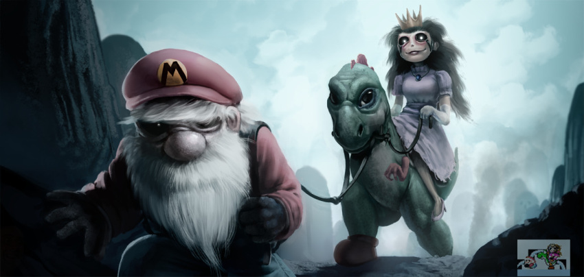 1girl, 2boys, alternate_hair_color, amoralcrow, black_gloves, black_hair, black_sclera, crown, dinosaur, dress, elbow_gloves, gloves, hat, high_heels, leash, mario, super_mario_bros., mountain, old_man, older, pink_dress, princess_peach, red_footwear, riding, single_glove, smile, smoke, super_mario_world, white_gloves, white_hair, yoshi