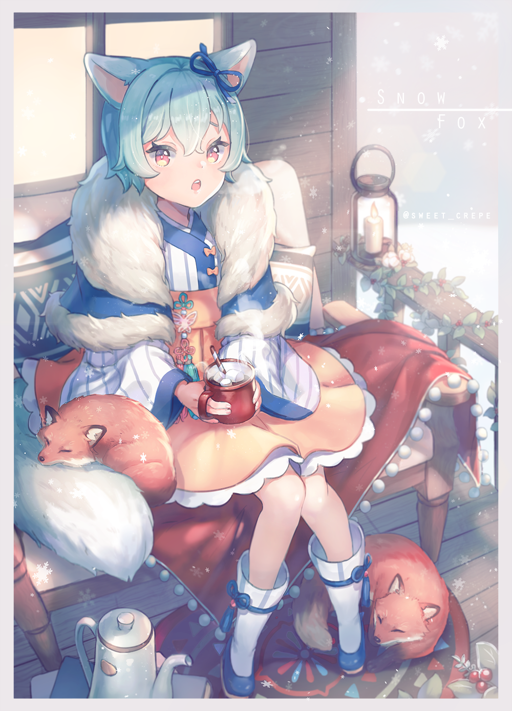 1girl, animal, animal_ears, bangs, bench, blue_capelet, blue_hair, blue_ribbon