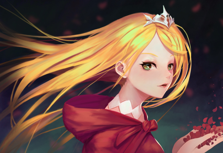 1girl, absurdres, angelia, bangs, black_background, blonde_hair, green_eyes, hand_up