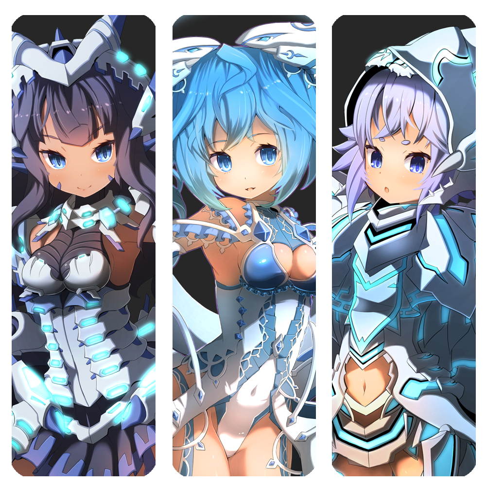 3girls, ahoge, aqua_eyes, aqua_hair, armpits, bangs, bare_shoulders, black_background