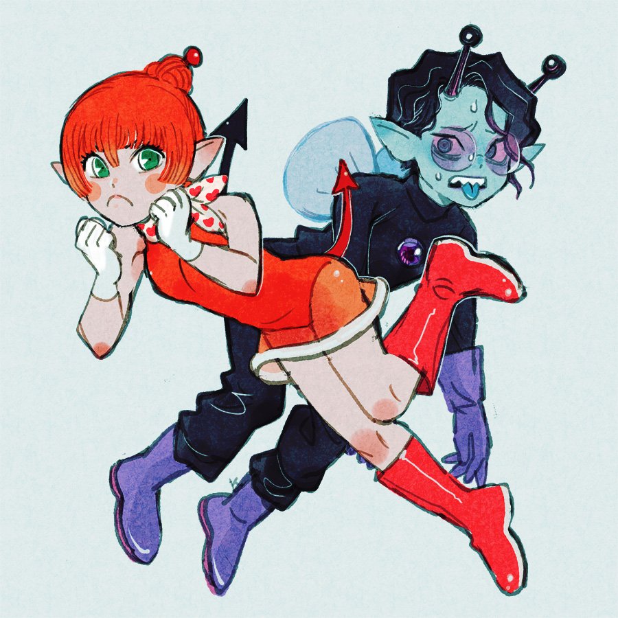 1boy, 1girl, anpanman, antennae, baikinman, black_hair, blue_skin, blue_tongue