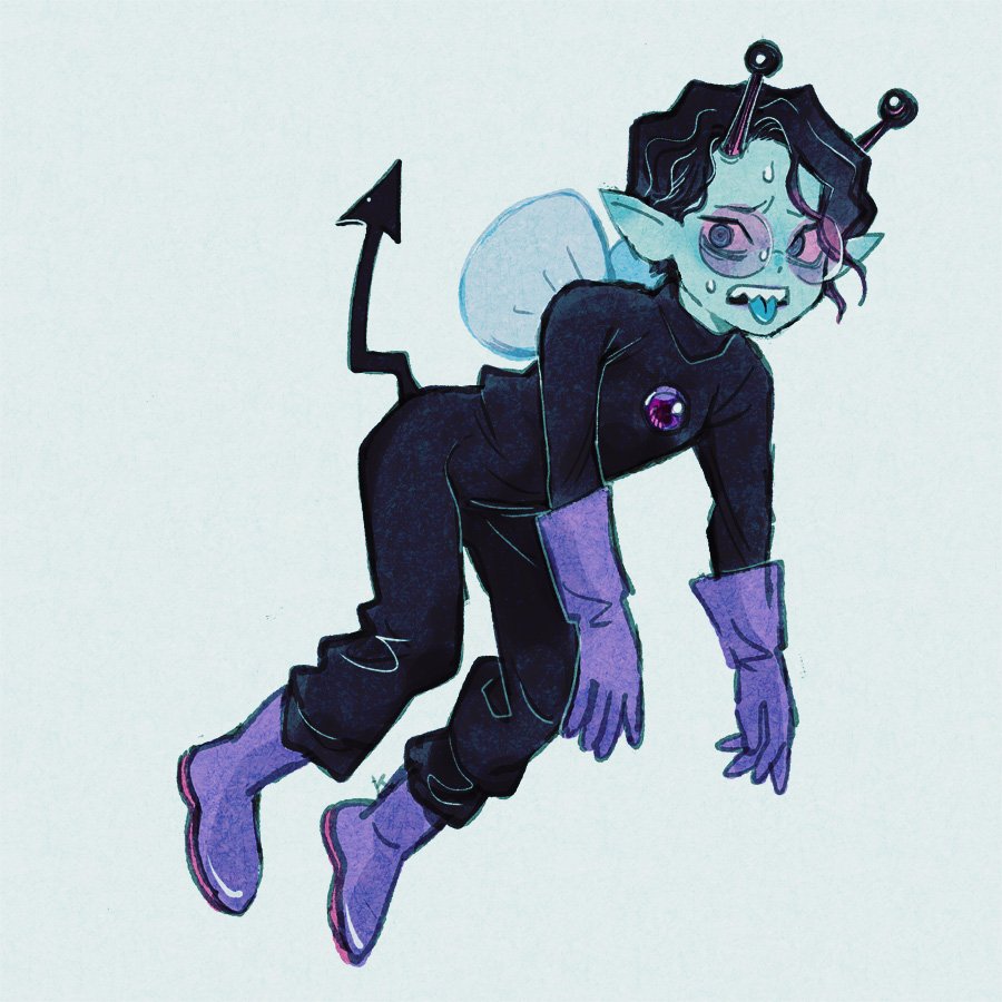 1boy, anpanman, antennae, baikinman, black_hair, blue_skin, blue_tongue, boots, demon_tail, floating, gloves, ken_(shiyu), looking_at_viewer, male_focus, personification, pointy_ears, purple_footwear, purple_gloves, sharp_teeh, solo, sunglasses, sweat, tail, tongue, tongue_out, wavy_hair, wings