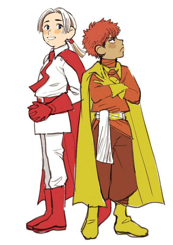 2boys, anpanman, belt, boots, cape, crossed_arms, currypanman, dark_skin