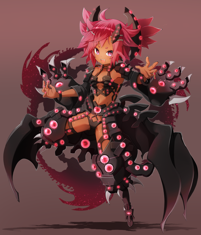 :d, armor, armpits, bangs, breasts, claws, commentary_request, dark_skin
