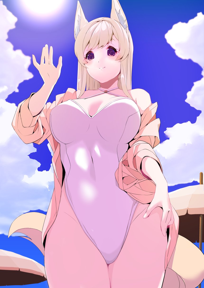 1girl, animal_ears, arm_at_side, beach_umbrella, blonde_hair, breasts, clouds, cloudy_sky