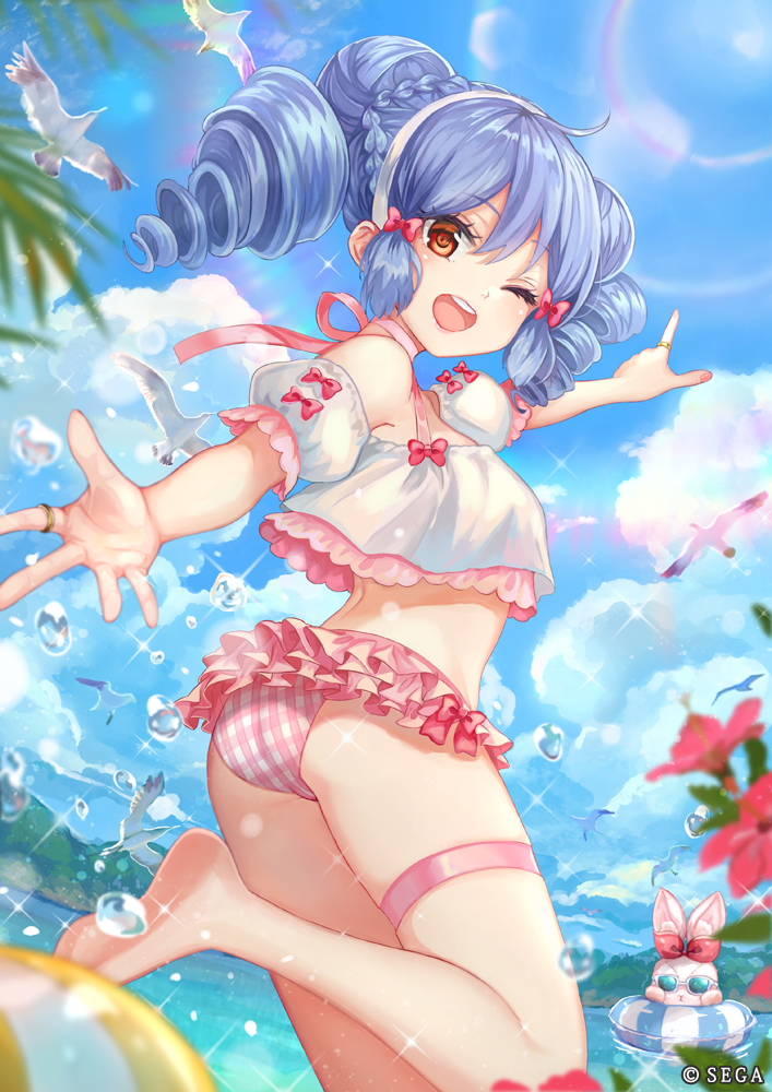 1girl, ;d, animal, ball, bangs, beachball, bikini_bottom, blue-tinted_eyewear