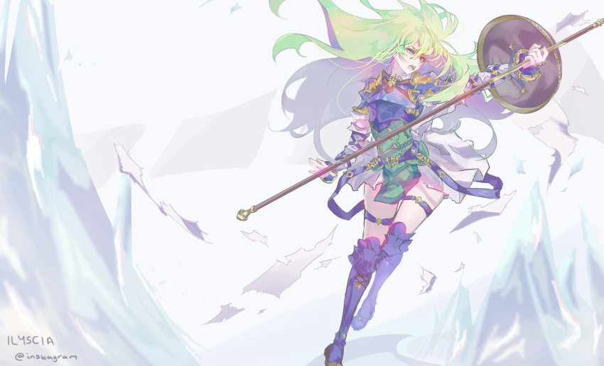 1girl, absurdres, armor, artist_name, belt, blue_armor, blue_eyes, boots