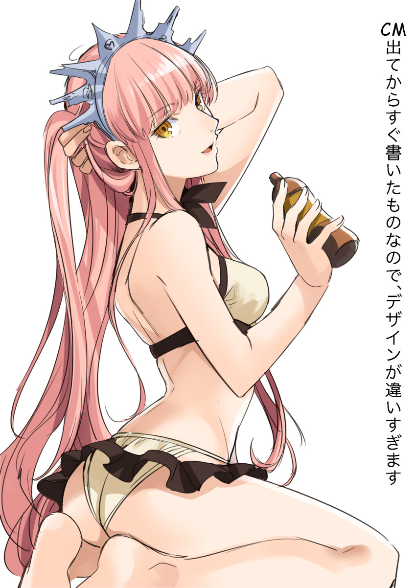 1girl, :d, ass, bangs, bare_arms, bare_legs, bare_shoulders, barefoot, bikini, breasts, eyebrows_visible_through_hair, fate/grand_order, fate_(series), head_tilt, highres, holding, holding_hair, long_hair, looking_at_viewer, medb_(fate/grand_order), medb_(swimsuit_saber)_(fate), medium_breasts, open_mouth, pink_hair, shimo_(s_kaminaka), smile, solo, straight_hair, swimsuit, tiara, very_long_hair, water, white_background, white_bikini, yellow_eyes