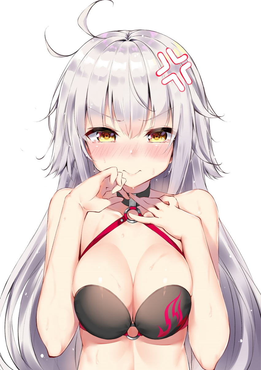 1girl, ahoge, anger_vein, angry, bare_shoulders, bikini_top, black_bikini_top, blush