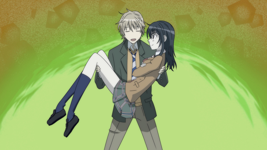1boy, 1girl, black_footwear, black_hair, blazer, blue_legwear, blue_neckwear, brown_eyes
