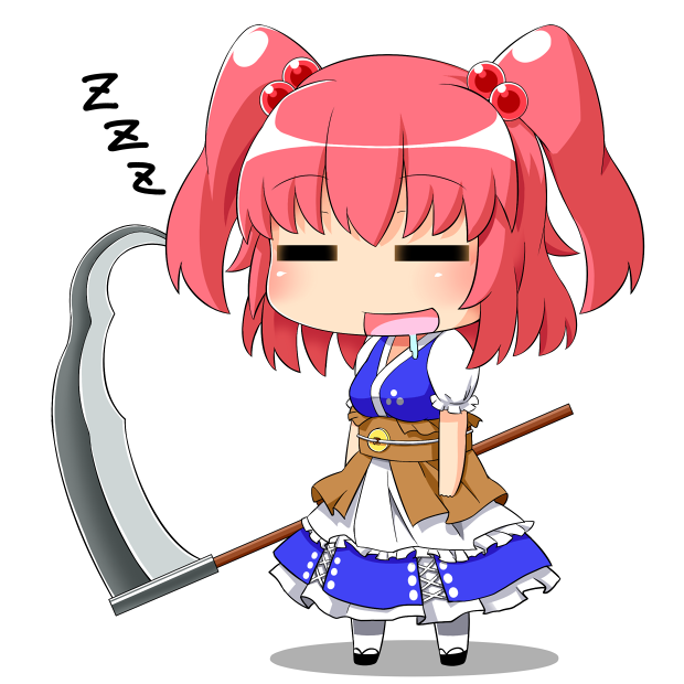 1girl, :d, =_=, blush, breasts, chibi, dress, drooling, eyebrows_visible_through_hair, full_body, hair_bobbles, hair_ornament, hinotama_(hinotama422), holding, holding_scythe, holding_weapon, medium_breasts, obi, onozuka_komachi, open_mouth, pink_hair, puffy_short_sleeves, puffy_sleeves, saliva, sash, scythe, short_sleeves, simple_background, sleeping, sleeping_upright, smile, solo, standing, touhou, two_side_up, weapon, white_background, zzz