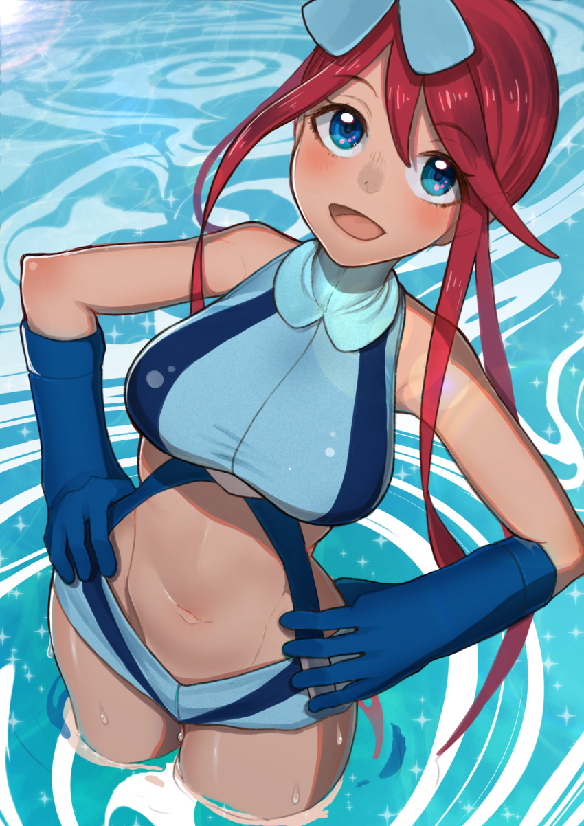 1girl, blue_eyes, blue_gloves, breasts, cowboy_shot, creatures_(company), dark_skin, fuuro_(pokemon)