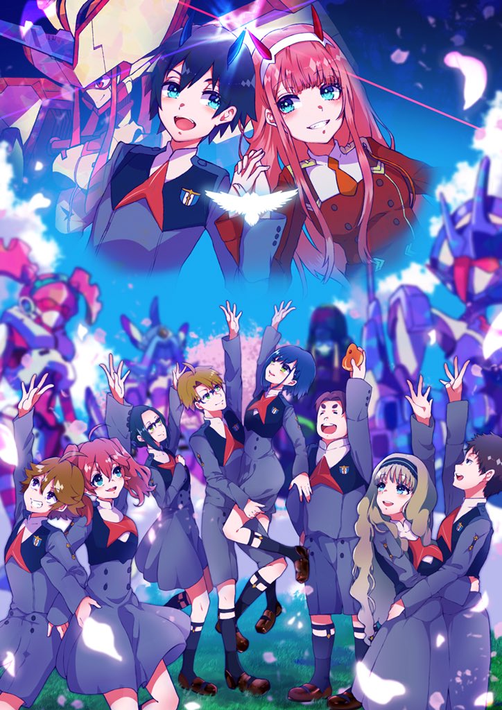 5boys, 5girls, ahoge, argentea_(darling_in_the_franxx), bangs, bird, black_hair, blonde_hair