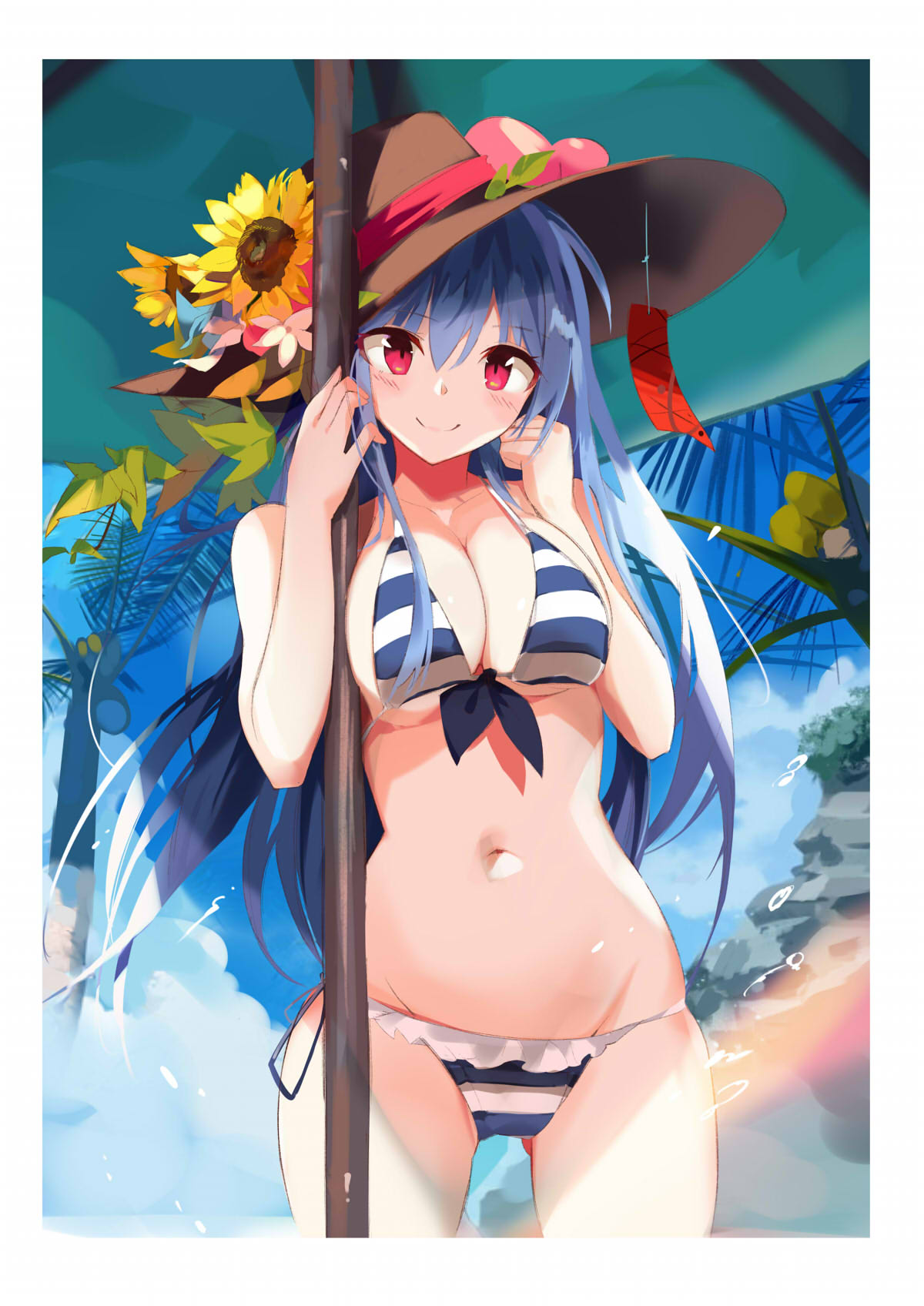 1girl, alternate_costume, bad_arm, bangs, bare_shoulders, beach_umbrella, bikini, blue_bikini, blue_hair, blue_ribbon, blue_sky, blurry, blush, border, breasts, brown_hat, cleavage, clenched_hand, closed_mouth, commentary_request, contemporary, cowboy_shot, day, depth_of_field, eyebrows_visible_through_hair, flower, food, fruit, gluteal_fold, groin, hair_between_eyes, hands_up, hat, hat_flower, highres, hinanawi_tenshi, large_breasts, leaf, long_hair, looking_at_viewer, lowleg, lowleg_bikini, navel, peach, pink_flower, red_eyes, ribbon, skindentation, sky, small_breasts, smile, solo, standing, stomach, striped, striped_bikini, sun_hat, sunflower, swimsuit, tetsurou_(fe+), thighs, touhou, tree, umbrella, very_long_hair, white_bikini, white_border