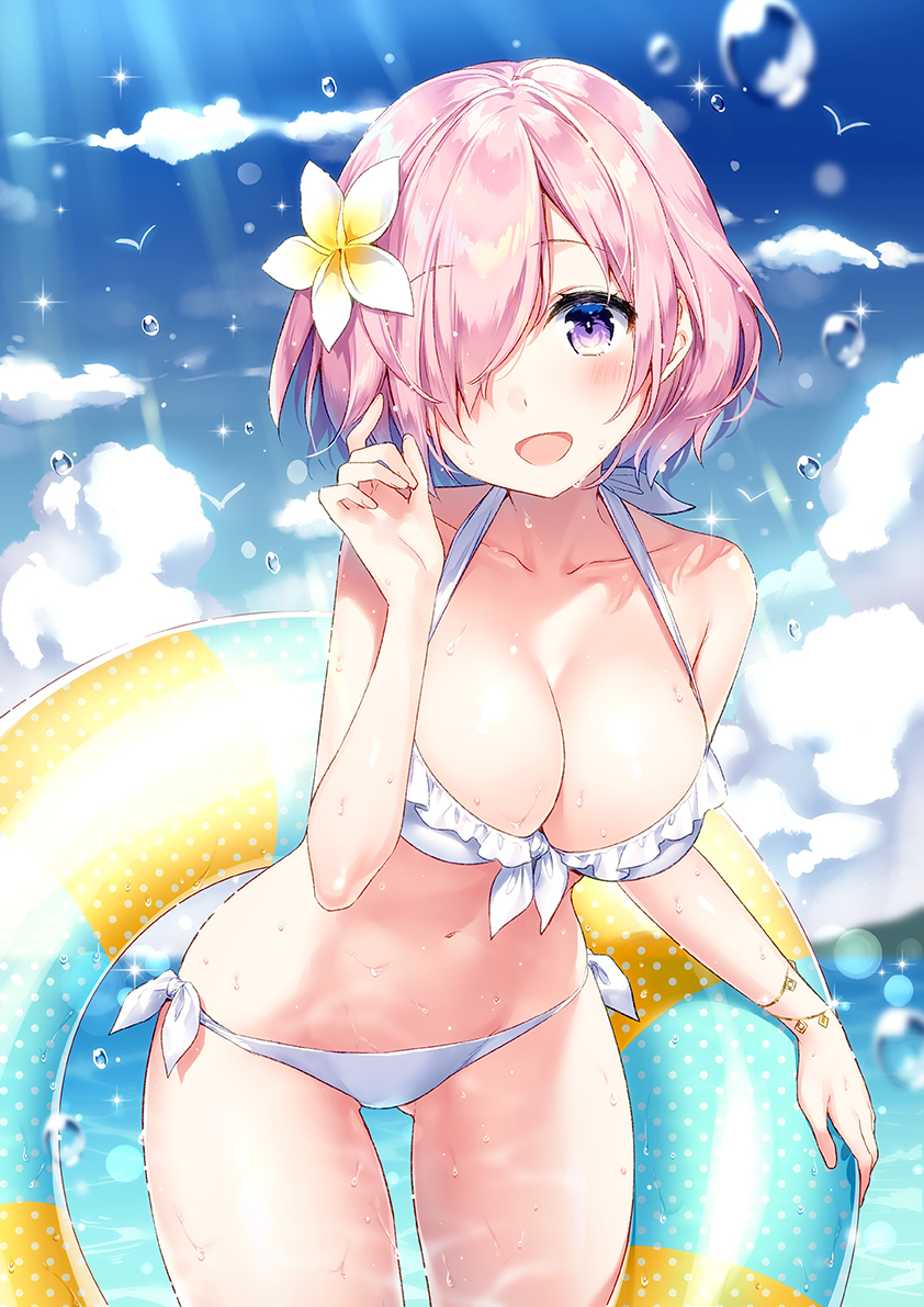 1girl, :d, bikini, blue_sky, bracelet, bright_pupils, commentary_request, cowboy_shot
