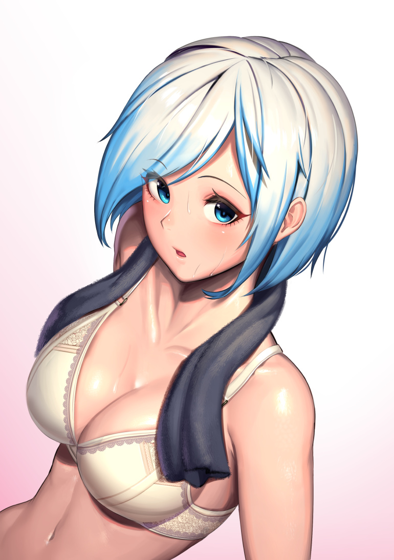 1girl, bangs, bare_shoulders, black_towel, blue_eyes, blue_hair, blush, bra
