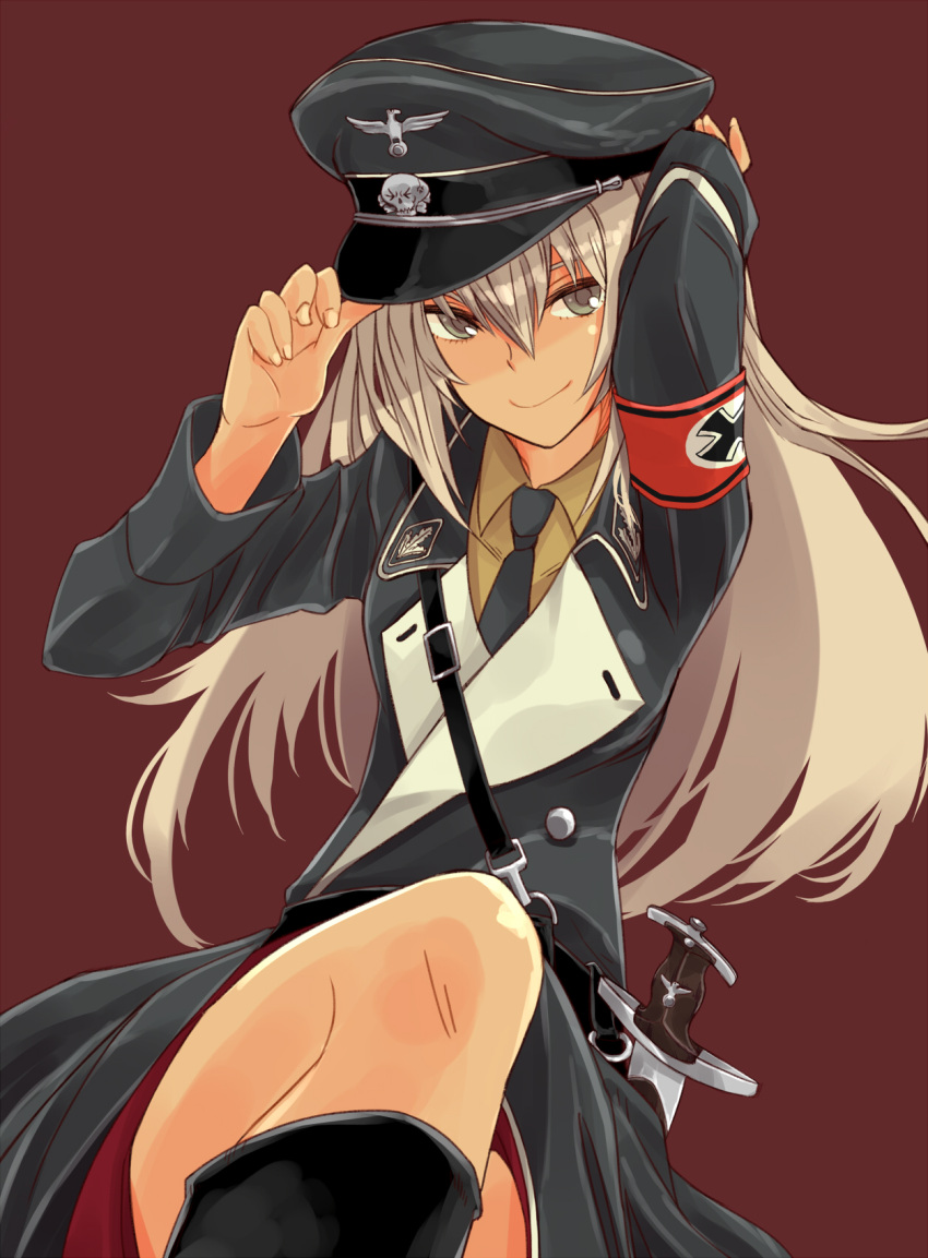 1girl, adjusting_clothes, adjusting_hat, alternate_costume, armband, bangs, belt, black_belt, black_dress, black_footwear, black_hat, blue_eyes, boots, brown_background, brown_shirt, closed_mouth, commentary, dress, dress_shirt, emblem, girls_und_panzer, hat, highres, itsumi_erika, knife, long_hair, long_sleeves, looking_at_viewer, medium_dress, military_hat, nazi, peaked_cap, sam_browne_belt, shirt, silver_hair, simple_background, sitting, smile, solo, suo_(sndrta2n), wing_collar