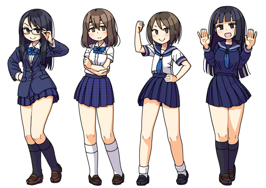 4girls, :d, adjusting_eyewear, bangs, black_eyes, black_footwear, black_hair, black_legwear